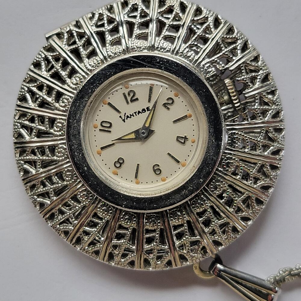 Vintage Vantage Womens Watch 24mm Silver Case Cream Dial Filigree Silver Chain
